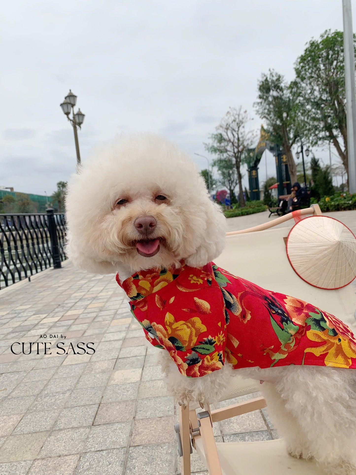 Pet Red Vietnamese Floral Retro Pattern Ao Dai 46A