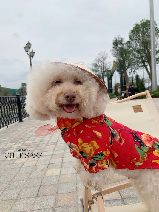 Pet Red Vietnamese Floral Retro Pattern Ao Dai 46A