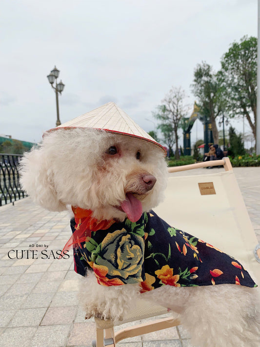 Pet Black Vietnamese Floral Retro Pattern Ao Dai 46A