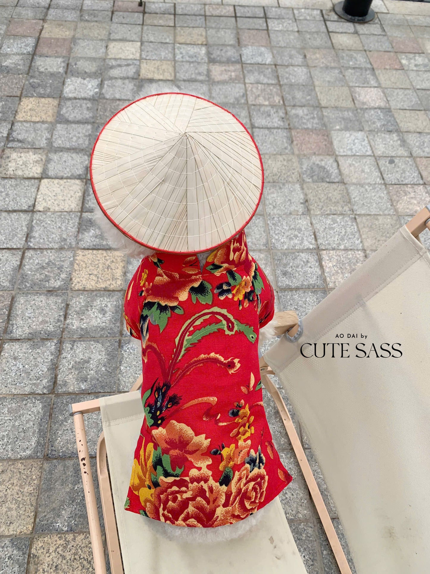 Pet Red Vietnamese Floral Retro Pattern Ao Dai 46A