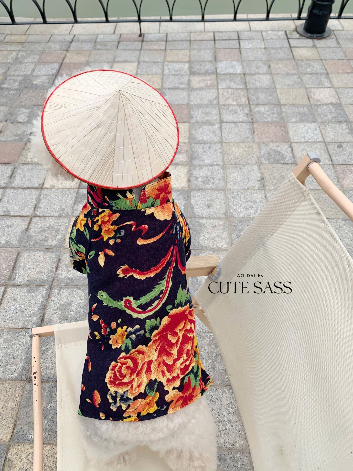 Pet Black Vietnamese Floral Retro Pattern Ao Dai 46A