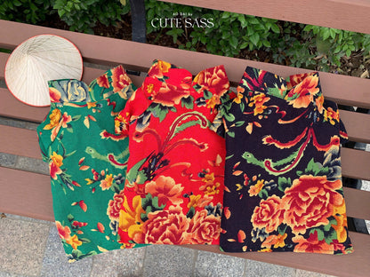 Pet Red Vietnamese Floral Retro Pattern Ao Dai 46A