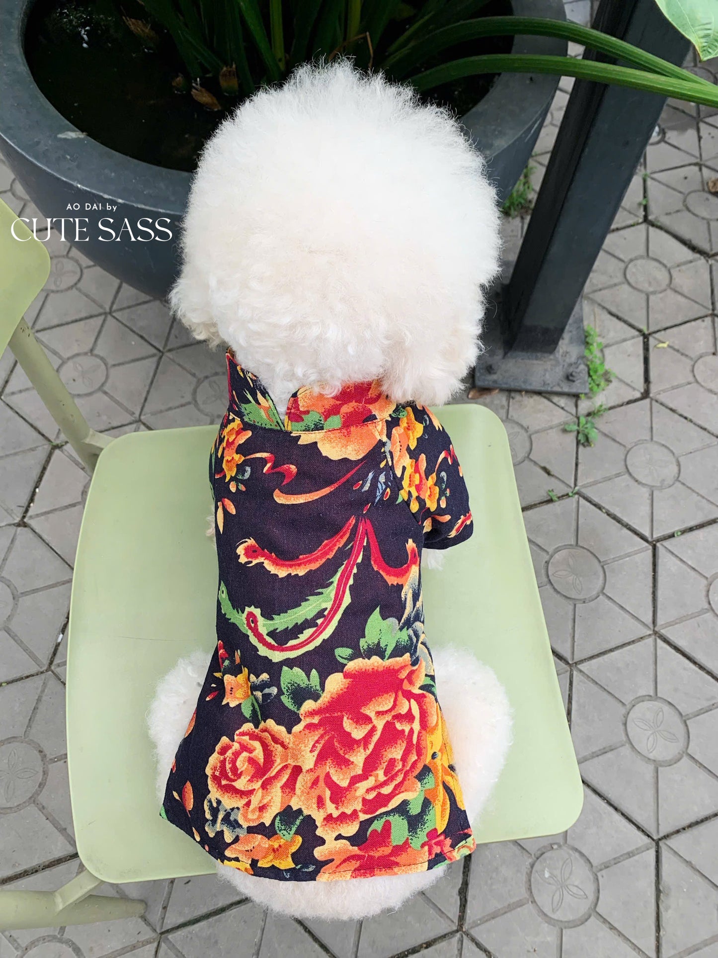 Pet Black Vietnamese Floral Retro Pattern Ao Dai 46A