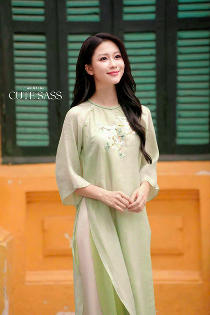 Mom and Daughter Light Green Braided Round Collar Embroidery Branches Ao Dai Set 30B