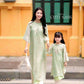 Mom and Daughter Light Green Braided Round Collar Embroidery Branches Ao Dai Set