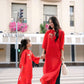Mom and Daughter Red Braided Round Collar Embroidery Branches Ao Dai Set 2C