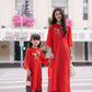 Mom and Daughter Red Braided Round Collar Embroidery Branches Ao Dai Set 2C