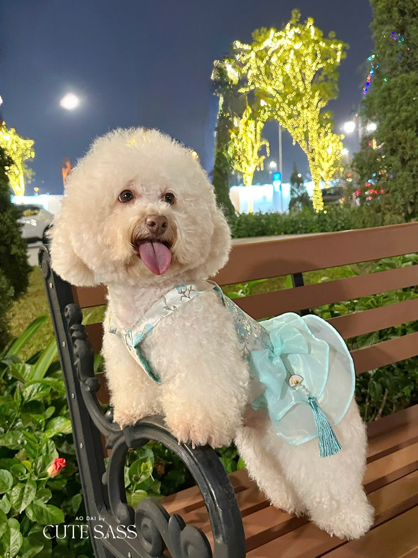 Pet Cyan and Gold Bows Yem-Inspired Halter Ao Dai 47C