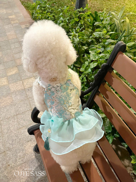 Pet Cyan and Gold Bows Yem-Inspired Halter Ao Dai