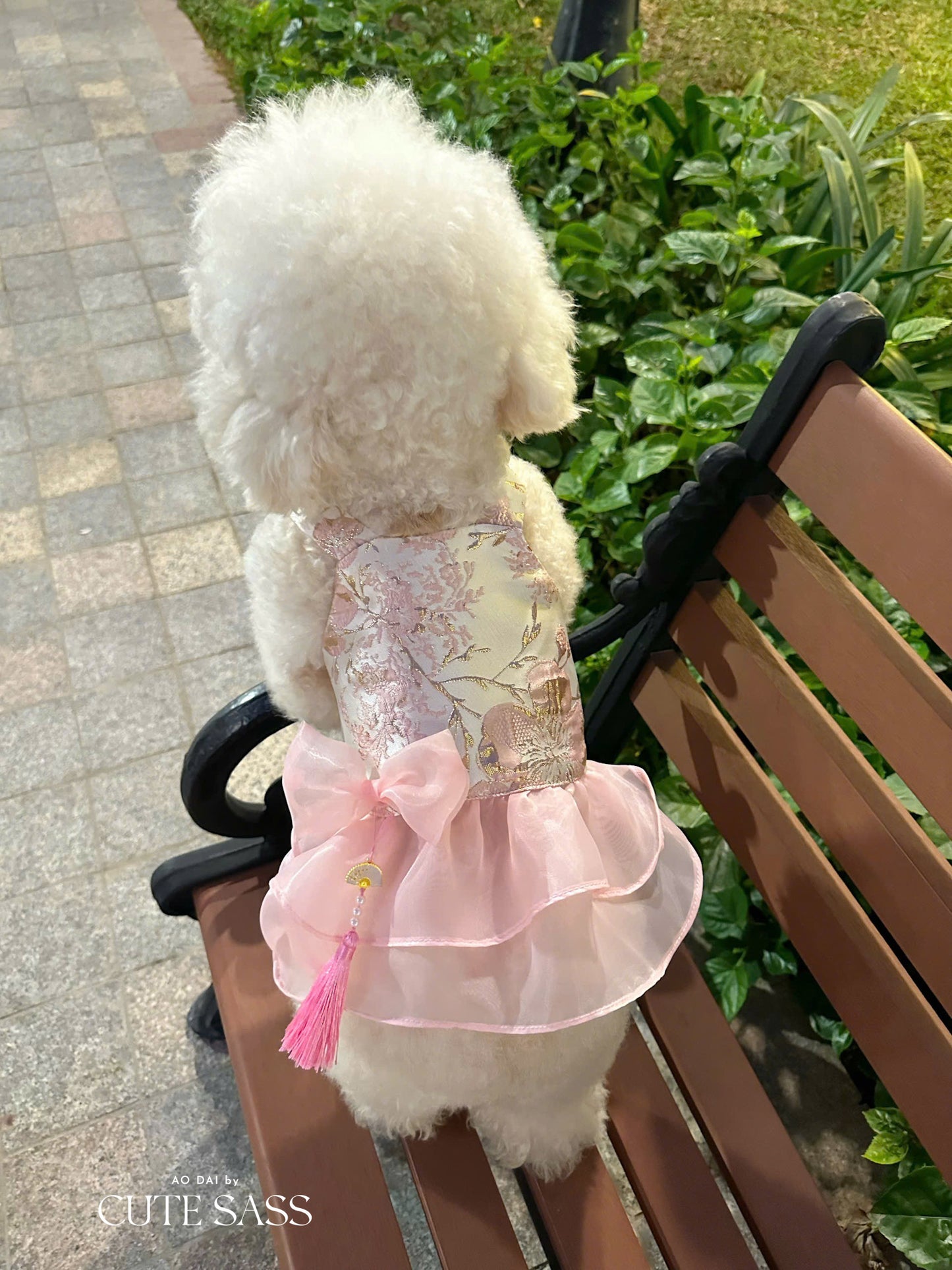 Pet Pink and Gold Bow Yem-Inspired Halter Ao Dai