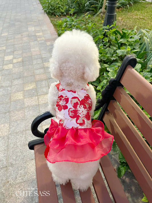 Pet Red and Gold Bow Yem-Inspired Halter Ao Dai