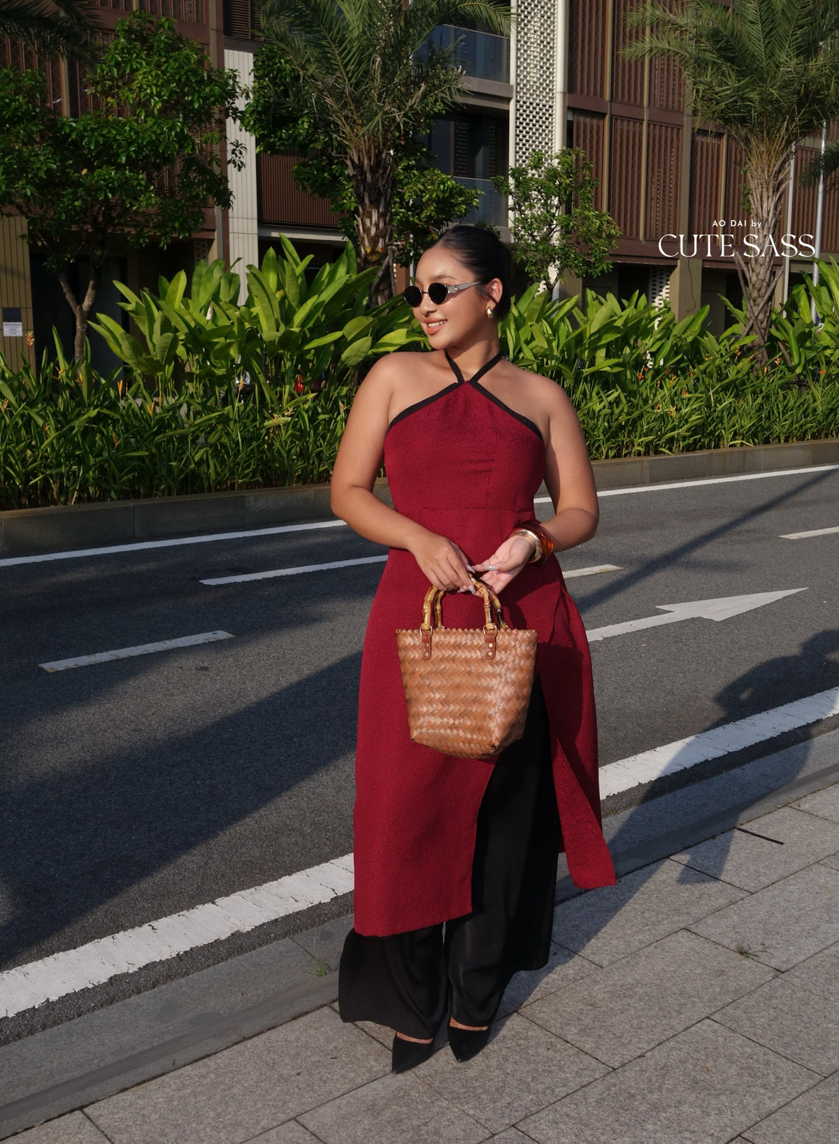 Linh Vy - Black/Red Glance Cross Halter Ao Dai Top Only, NO PANTS 50A