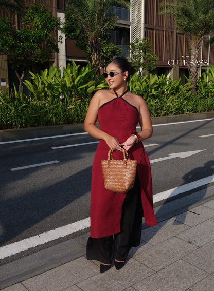 Linh Vy - Black/Red Glance Cross Halter Ao Dai Top Only, NO PANTS 50A