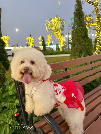 Pet Red and Gold Bow Yem-Inspired Halter Ao Dai 48C