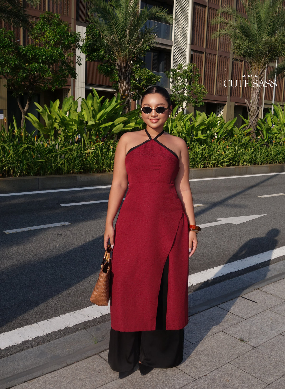 Linh Vy - Black/Red Glance Cross Halter Ao Dai Top Only, NO PANTS 50A
