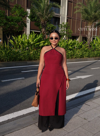 Linh Vy - Black/Red Glance Cross Halter Ao Dai Top Only, NO PANTS 50A