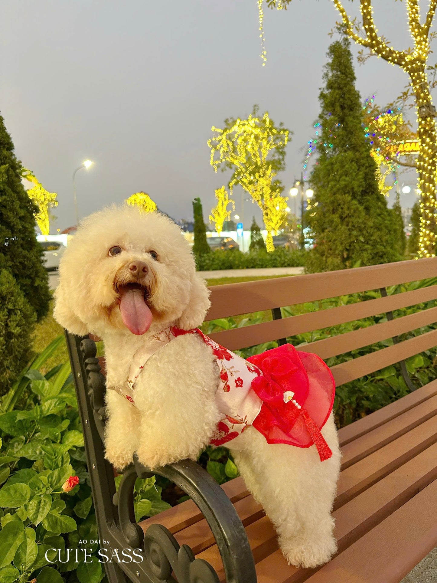 Pet Red and Gold Bow Yem-Inspired Halter Ao Dai