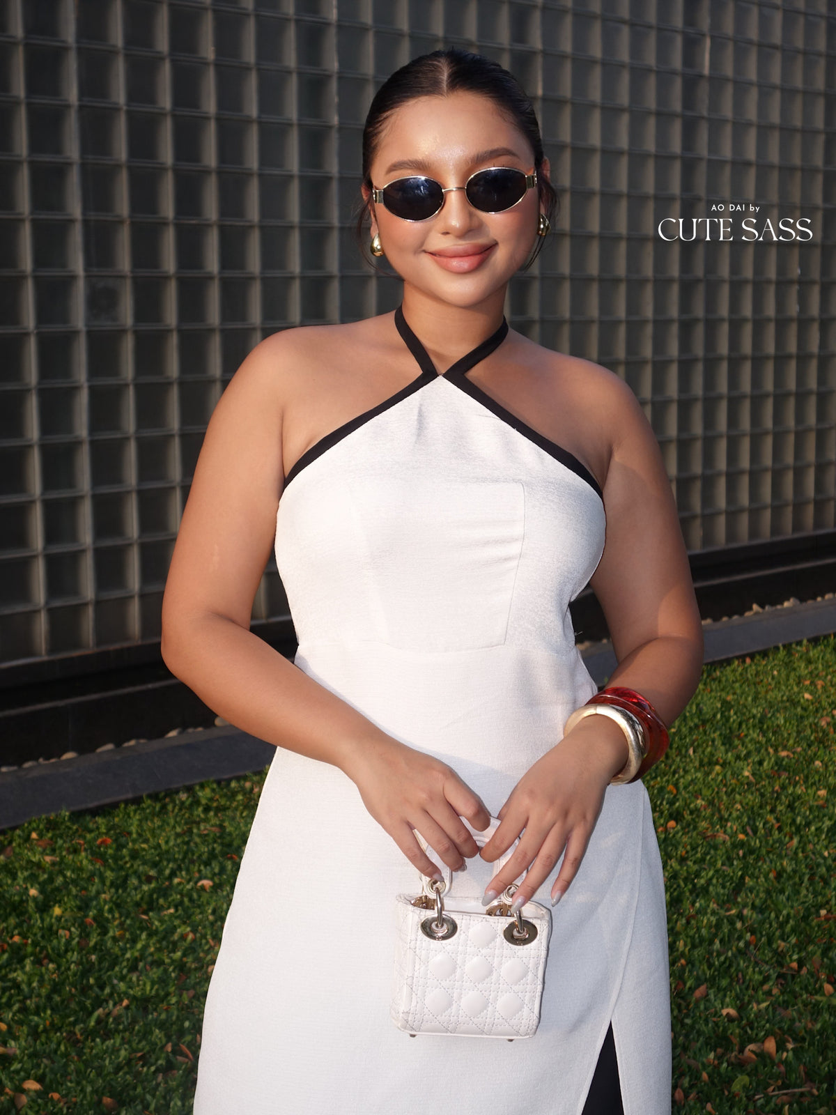 Linh Vy - Black/White Glance Cross Halter Ao Dai Top Only, NO PANTS 49A