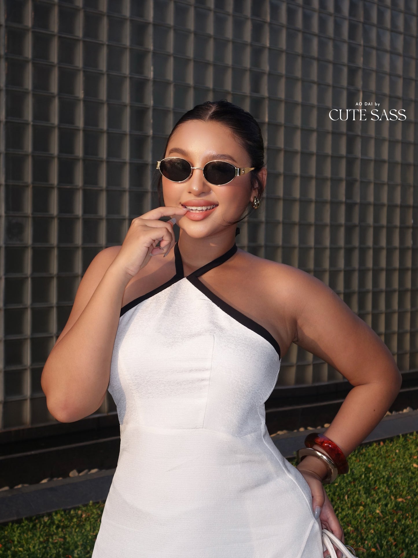 Linh Vy - Black/White Glance Cross Halter Ao Dai Top Only, NO PANTS 49A