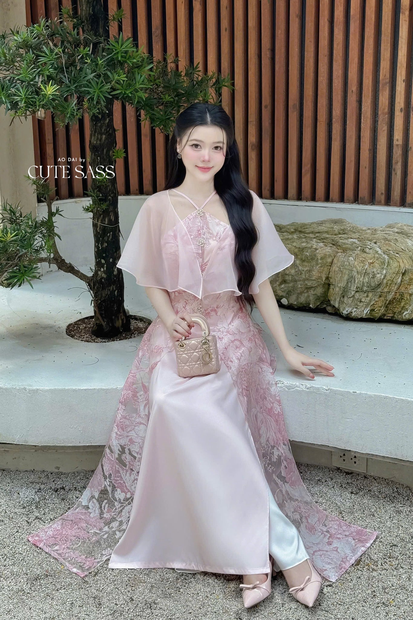 Nhu Mai - Pink Halter Front Slit with Cape Ao Dai Top Only, NO PANTS, 29A