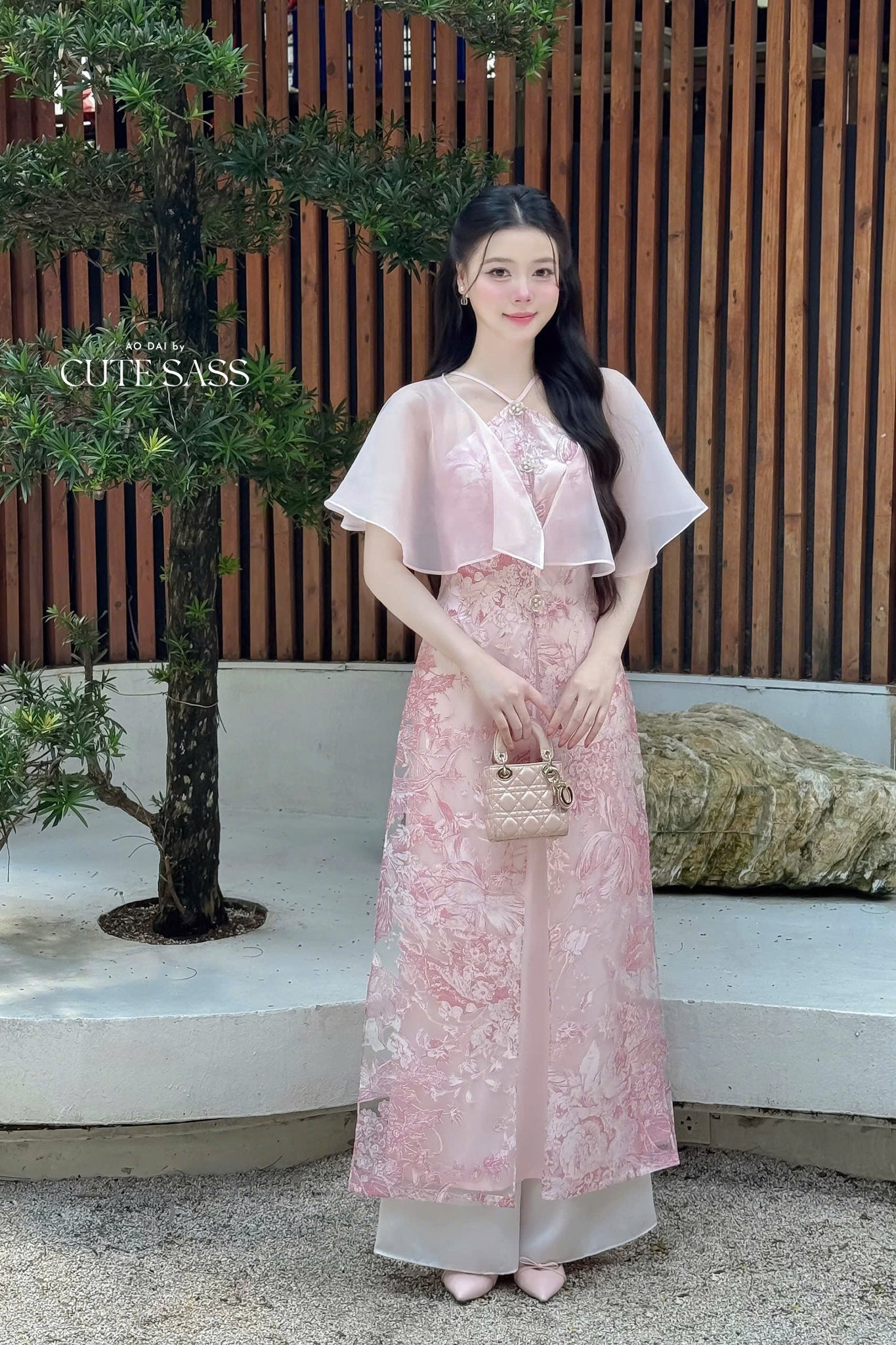 Nhu Mai - Pink Halter Front Slit with Cape Ao Dai Top Only, NO PANTS, 29A