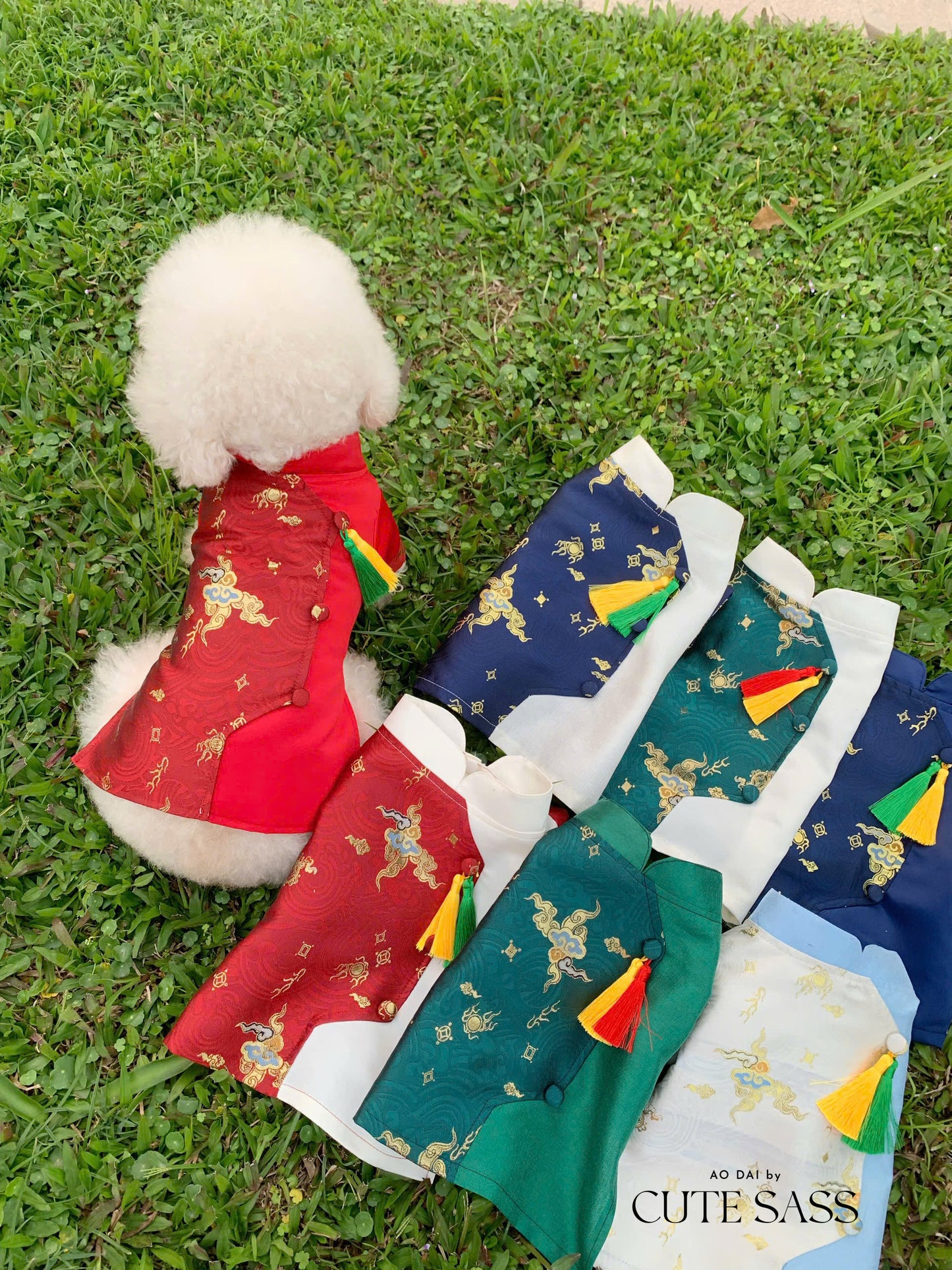 Pet Green/White Gam Yellow/Red Tassel Ao Dai