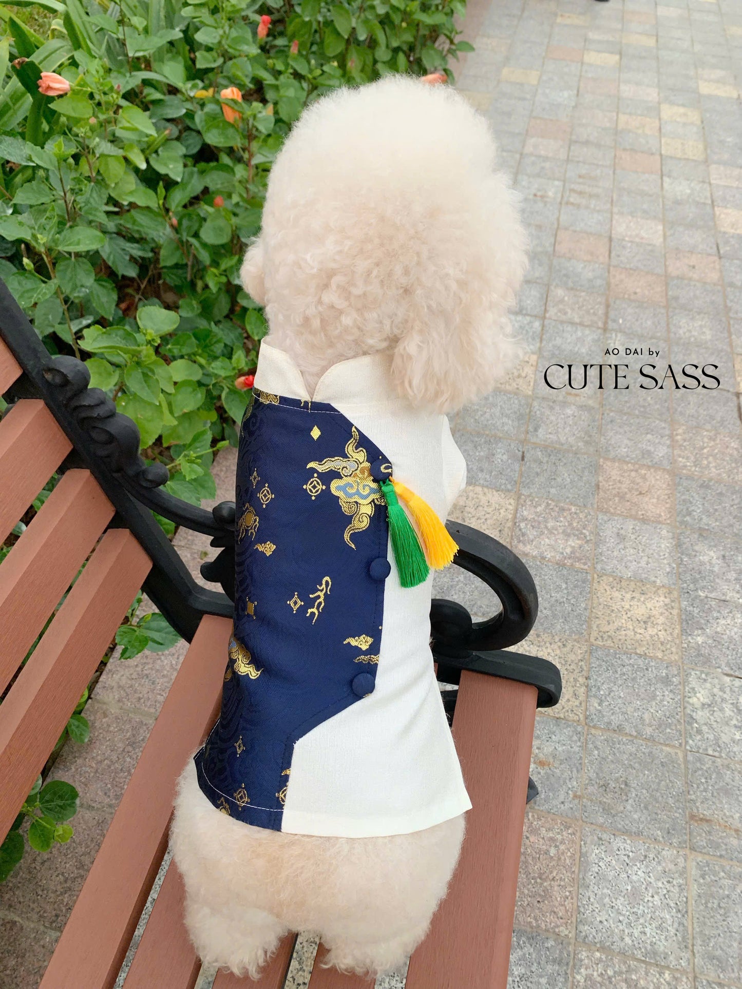 Pet Dark Blue/White Gam with Yellow/Green Tassel Ao Dai