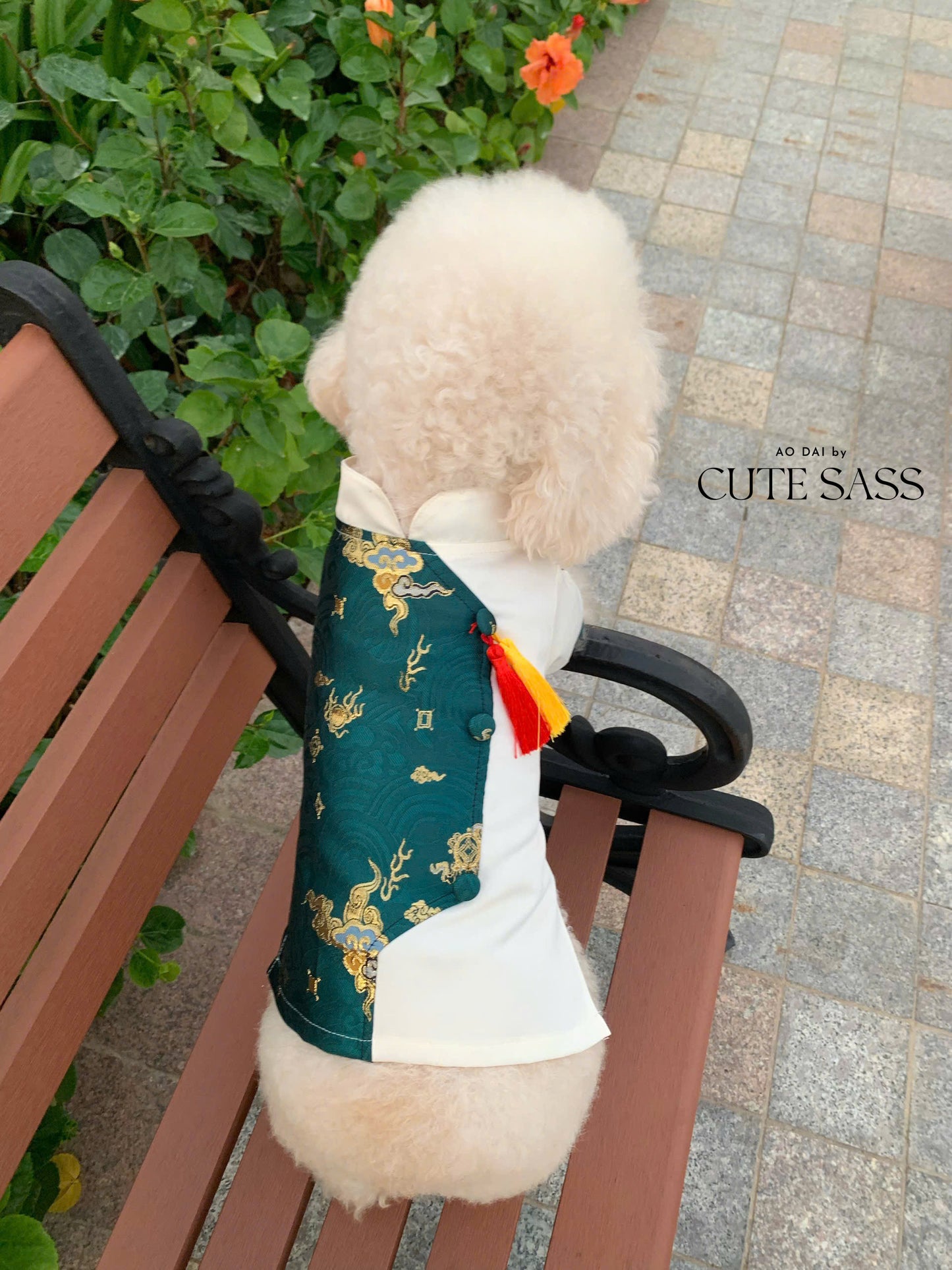 Pet Green/White Gam Yellow/Red Tassel Ao Dai