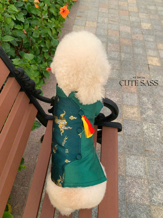 Pet Green Gam Yellow-Red Tassel Ao Dai