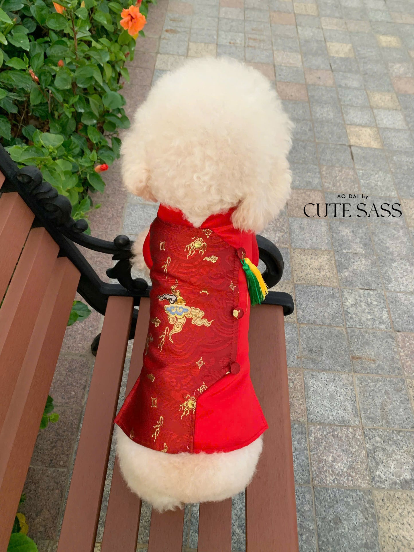 Pet Red Gam Yellow/Green Tassel Ao Dai