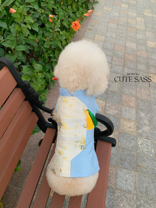 Pet White/Baby Blue Gam Yellow/Green Tassel Ao Dai