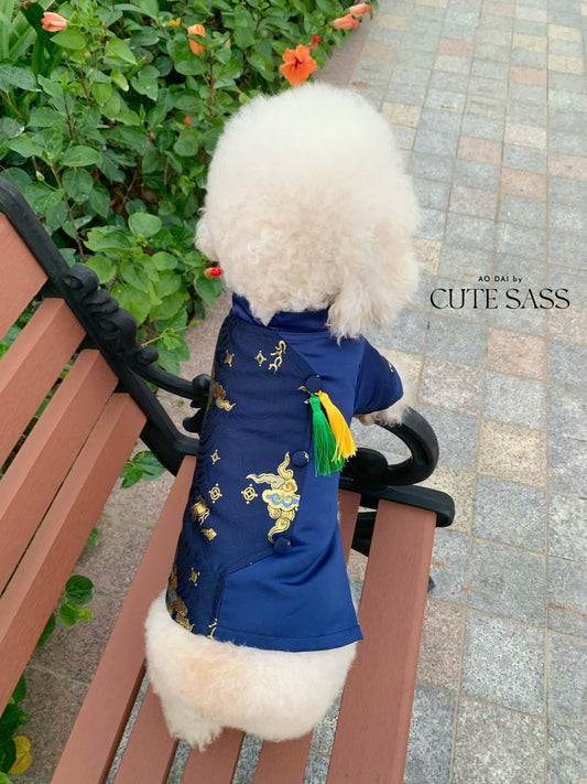 Pet Dark Blue Gam Yellow/Green Tassel Ao Dai