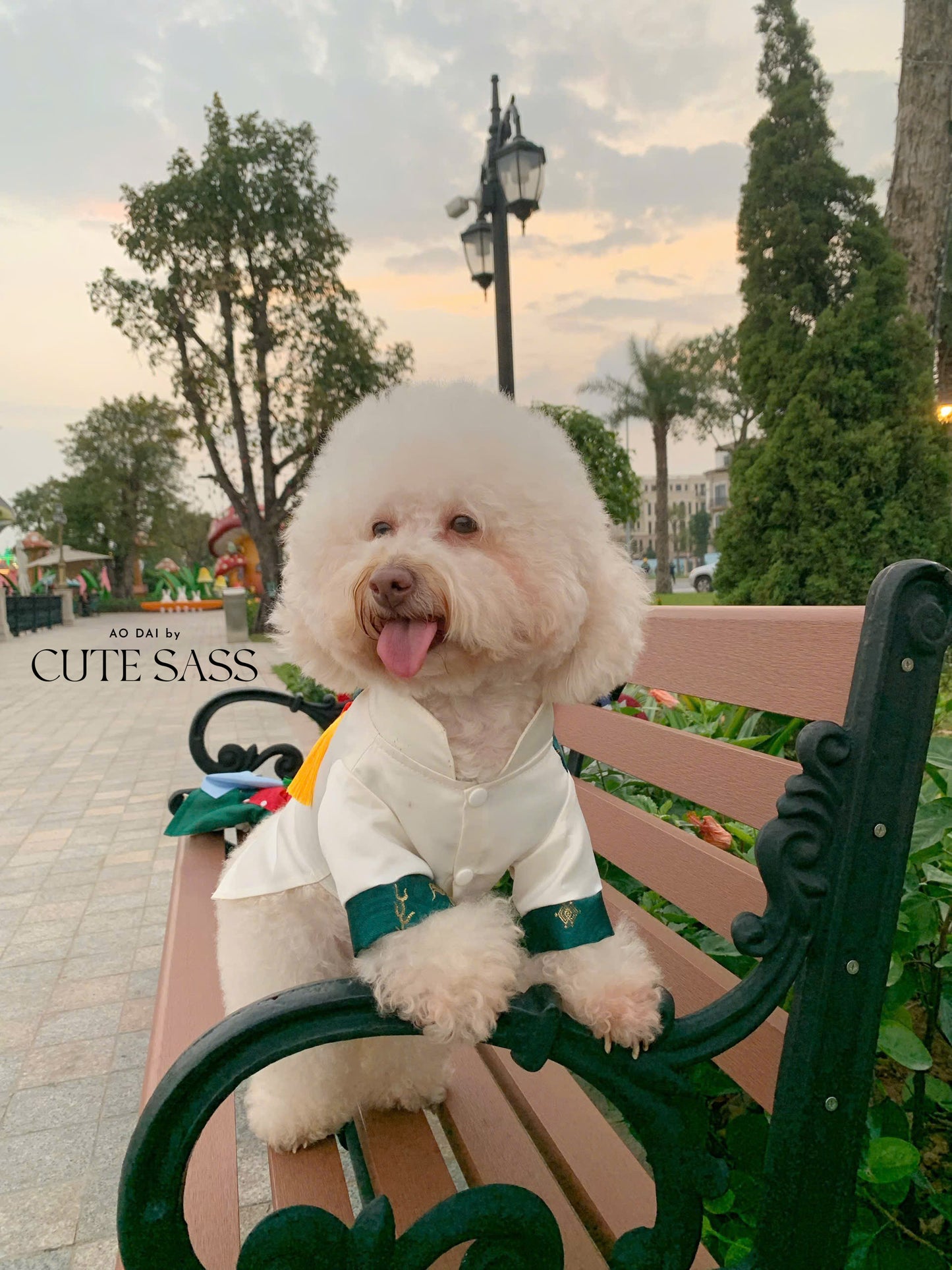 Pet Green/White Gam Yellow/Red Tassel Ao Dai