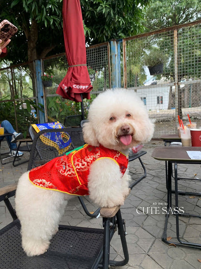 Pet Red Gam Short Sleeves Green Tassel Ao Dai 45A