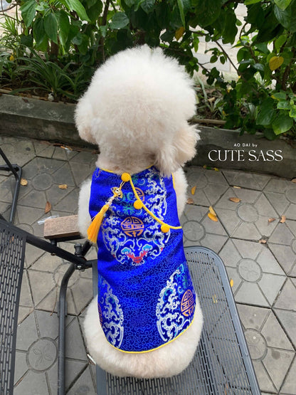 Pet Electric Blue Gam Short Sleeves Yellow Tassel Ao Dai 45A