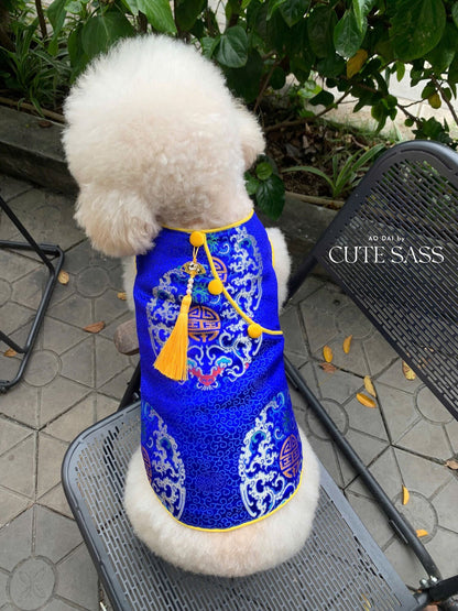 Pet Electric Blue Gam Short Sleeves Yellow Tassel Ao Dai 45A