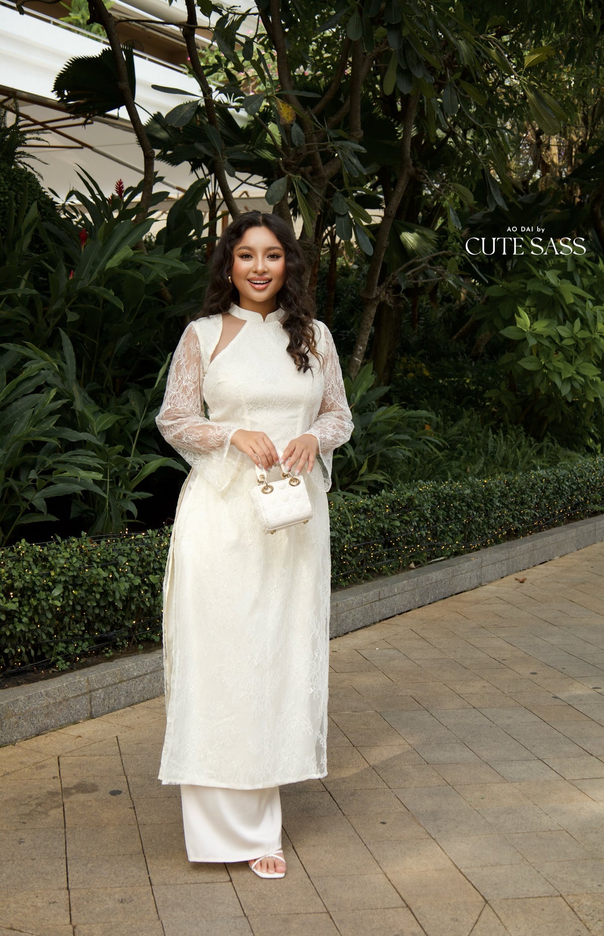 Linh Vy - Cream Lace Cutout Ao Dai Top Only, No Pants 22B