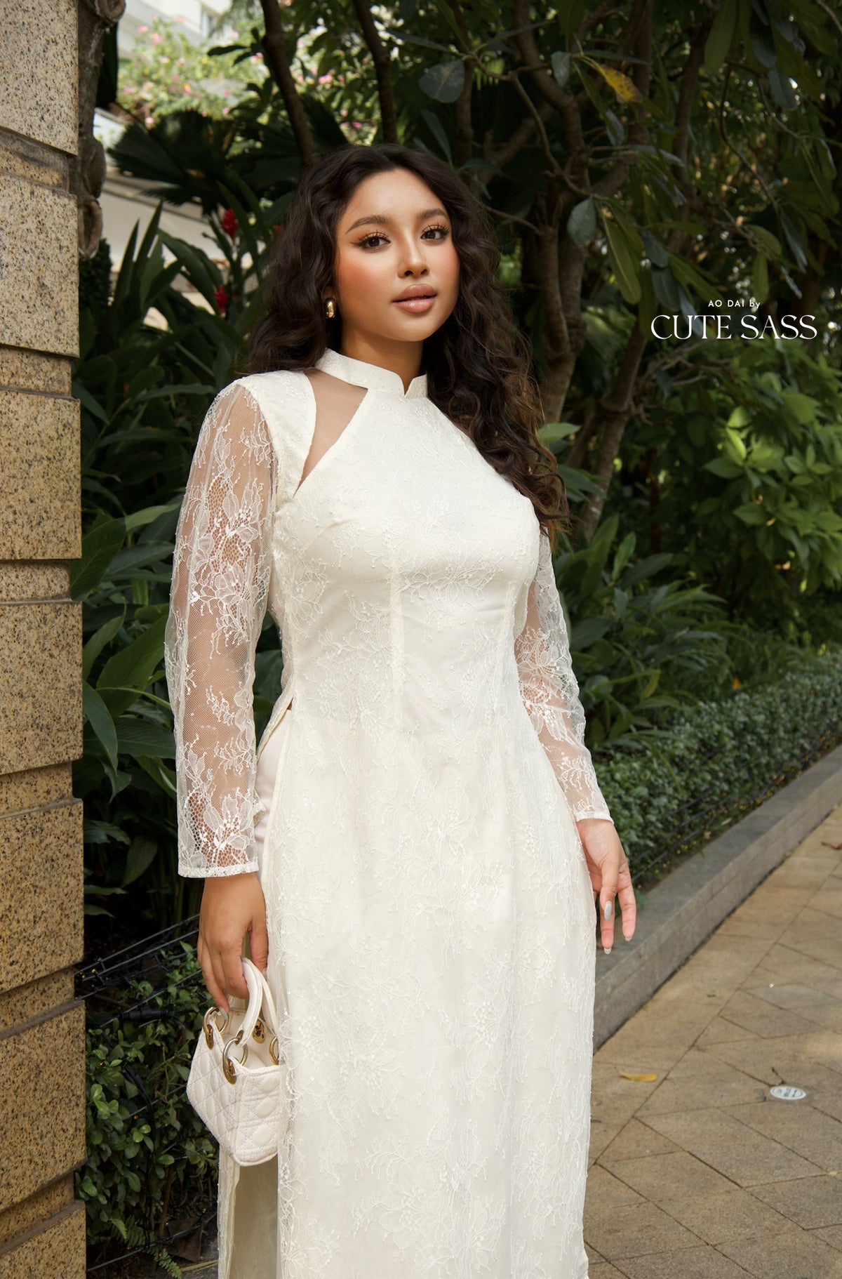 Linh Vy - Cream Lace Cutout Ao Dai Top Only, No Pants 22B