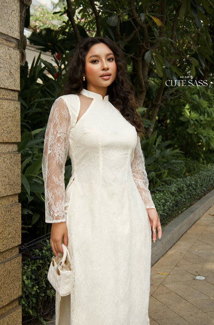 Linh Vy - Cream Lace Cutout Ao Dai Top Only, No Pants 22B
