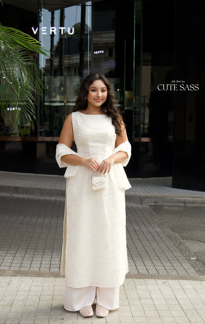 Linh Vy - Muse Cream Sleeveless Ao Dai Top Only and Shoulder Strings, No Pants 12C