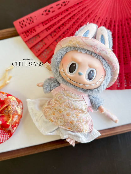 Pink/Gold Shiny Yem-Inspired Vietnamese Ao Dai Set for Labubu – Includes Pants & Headband (Doll Not Included)
