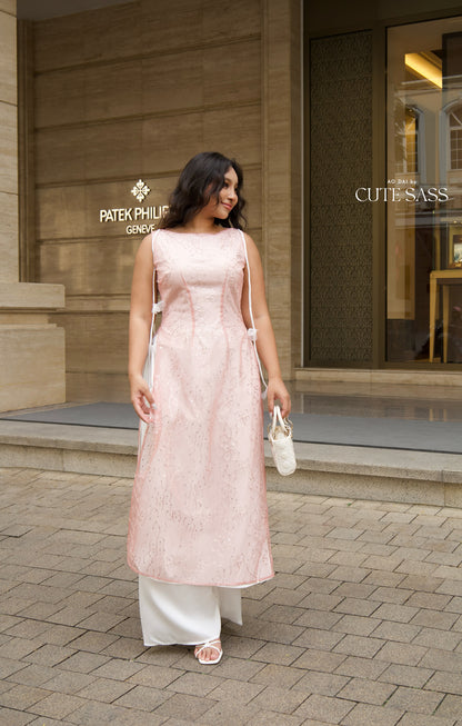 Linh Vy - Muse Light Pink Sleeveless Ao Dai Top Only and Shoulder Strings, No Pants 12C
