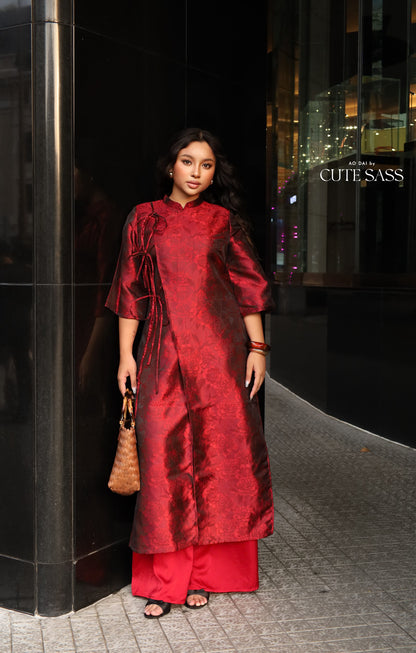 Linh Vy - Gender Fluid Maroon Wide Sleeve Shifted Ao Dai 3B