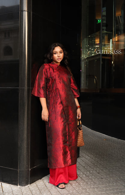 Linh Vy - Gender Fluid Maroon Wide Sleeve Shifted Ao Dai 3B
