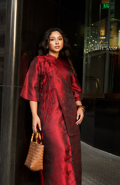 Linh Vy - Gender Fluid Maroon Wide Sleeve Shifted Ao Dai 3B