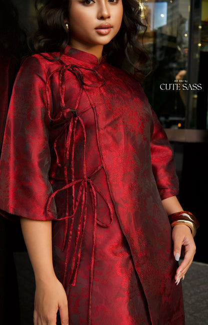 Linh Vy - Gender Fluid Maroon Wide Sleeve Shifted Ao Dai 3B