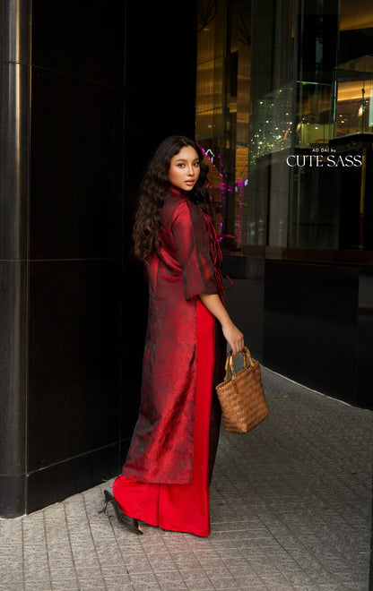Linh Vy - Gender Fluid Maroon Wide Sleeve Shifted Ao Dai 3B