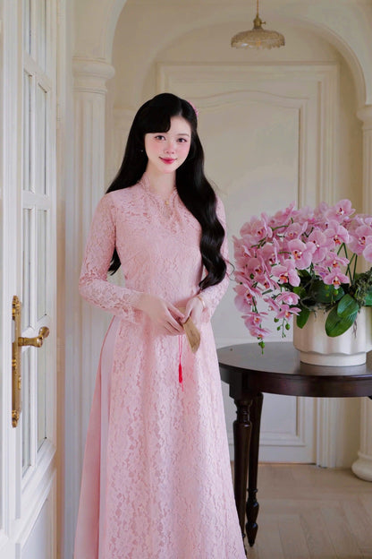 Pink Lace V-Neck Long Sleeves Ao Dai Top Only, No Pants
