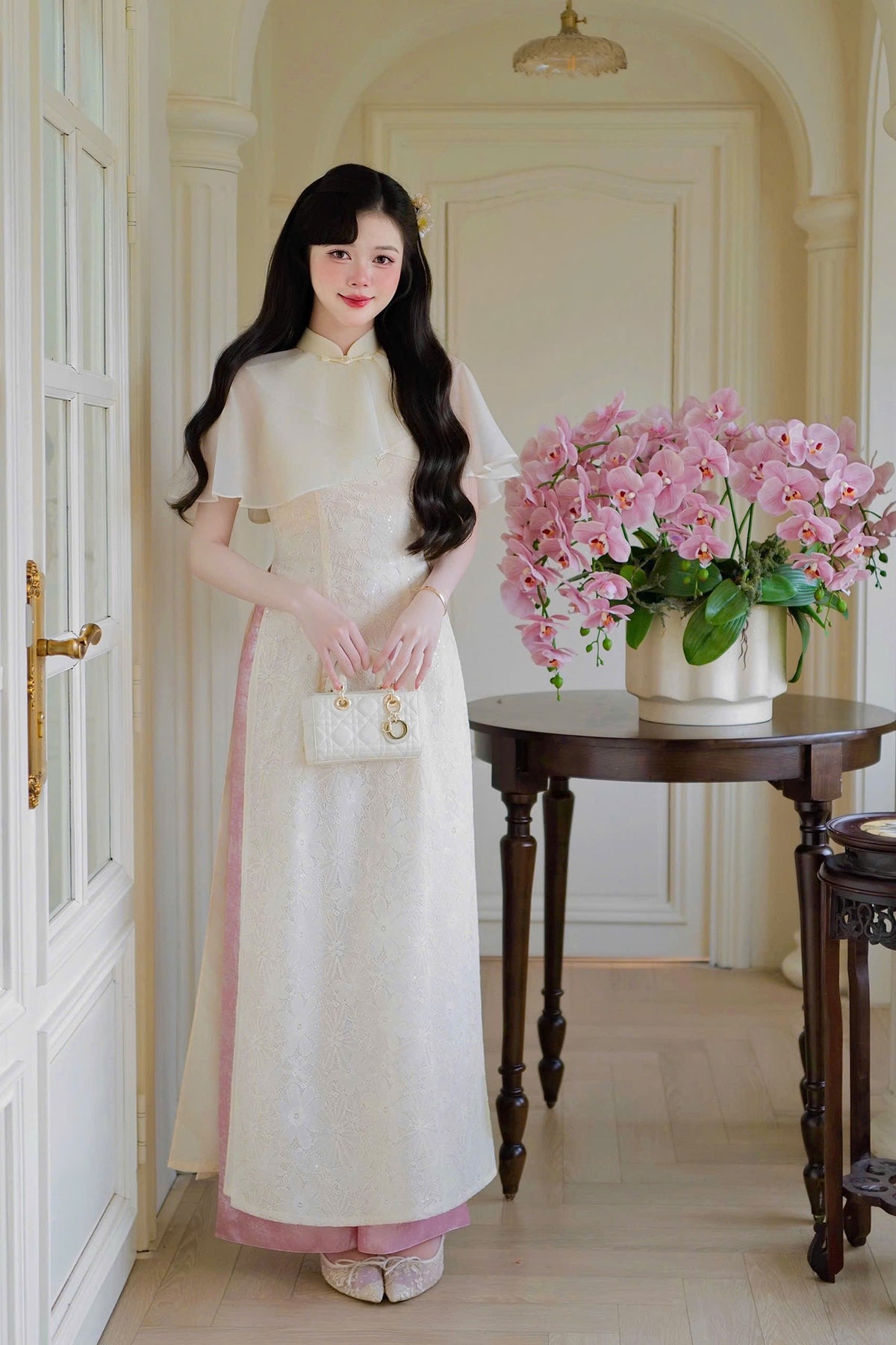 Cream Lace Ao Dai Cape Top Only, No Pants