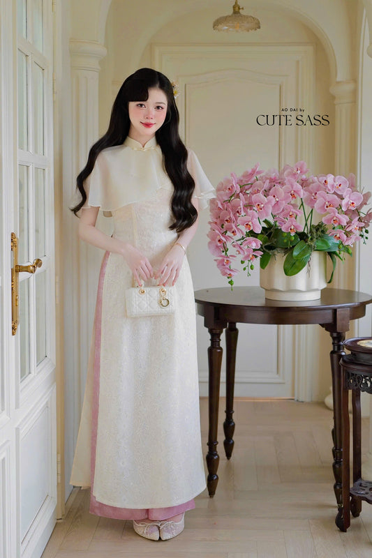 Cream Lace Ao Dai Cape Top Only, No Pants